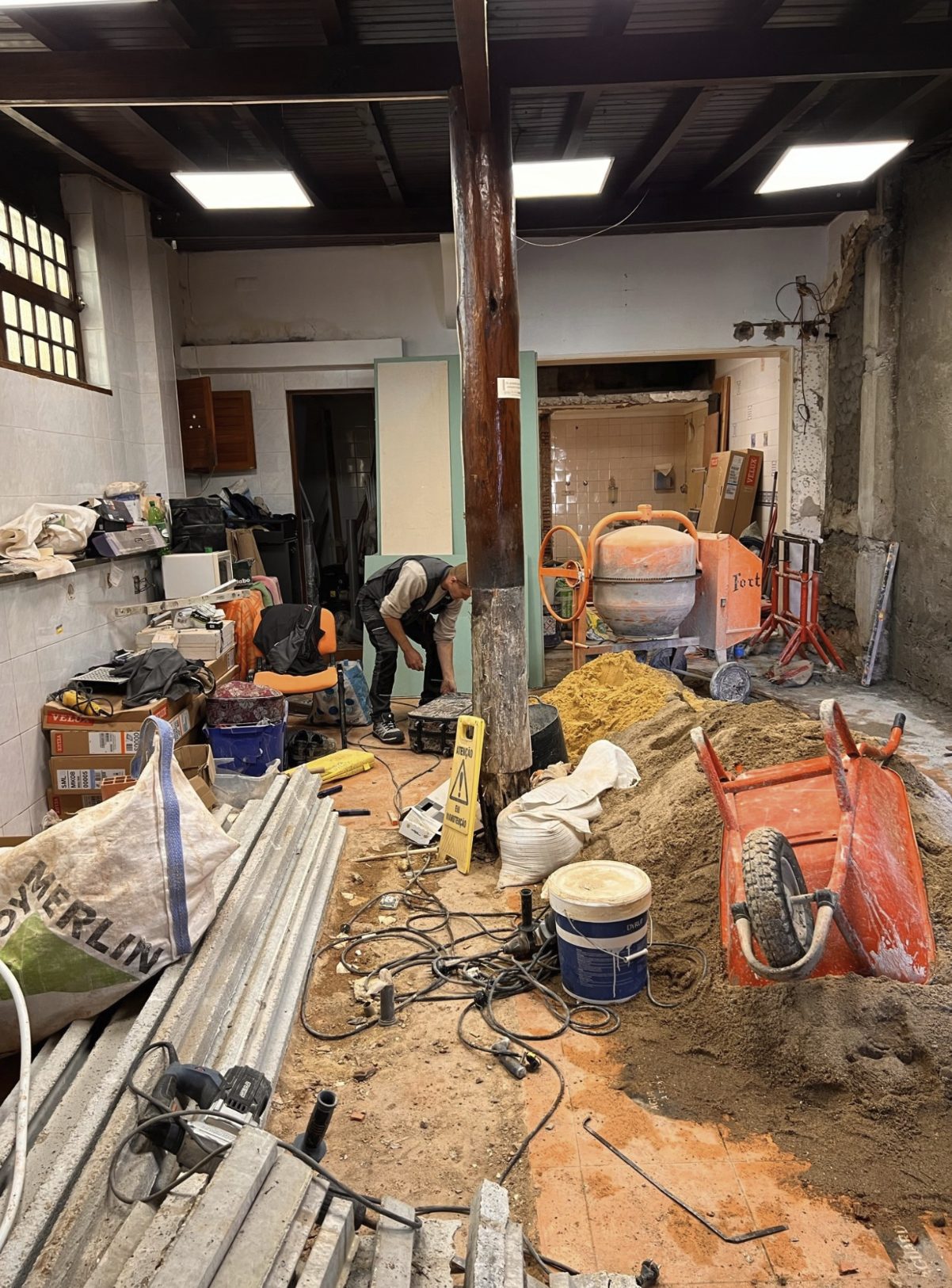 Interior at the start of construction — materials and debris