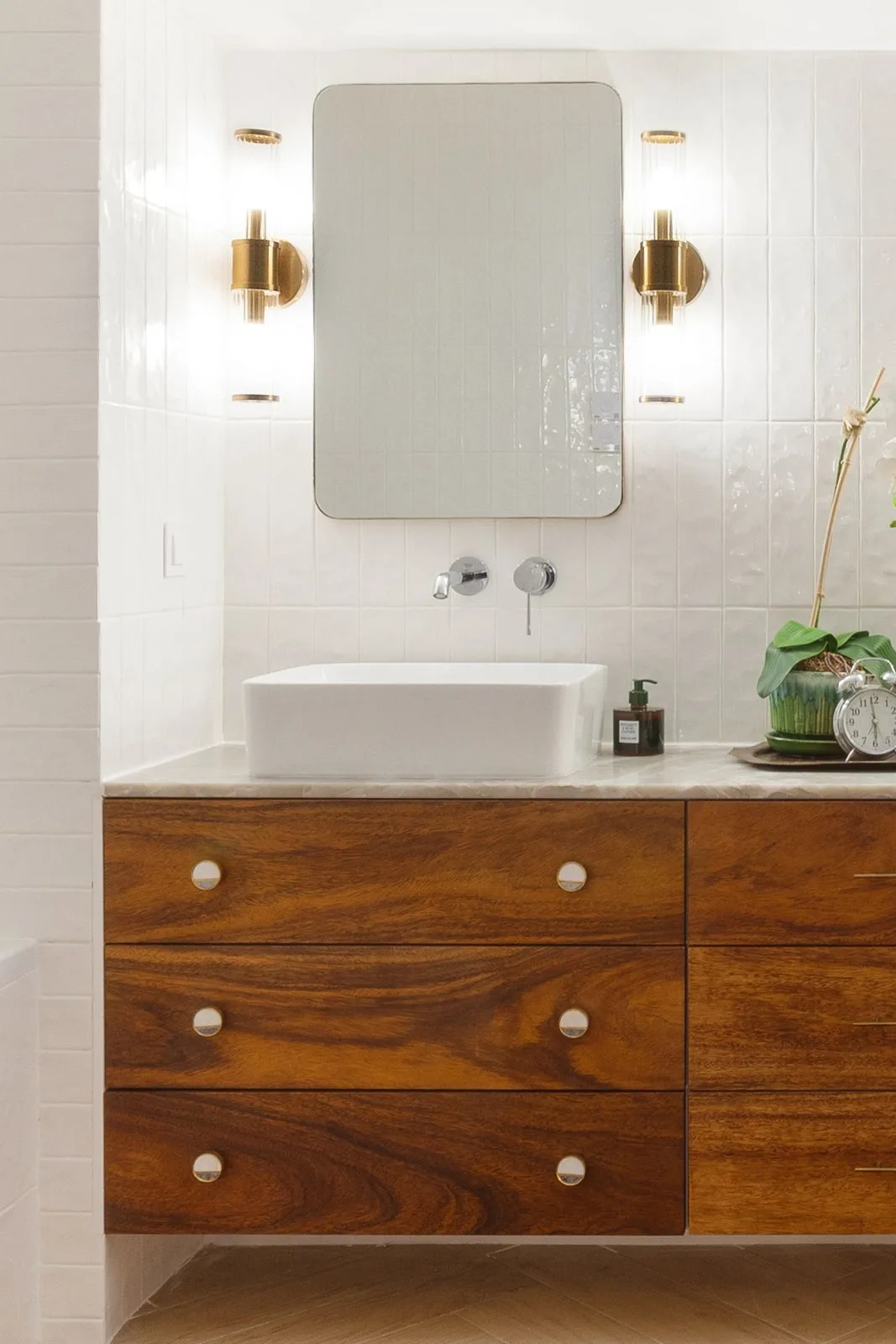 Walnut vanity detail — Riviera villa bathroom by Maya's Homes
